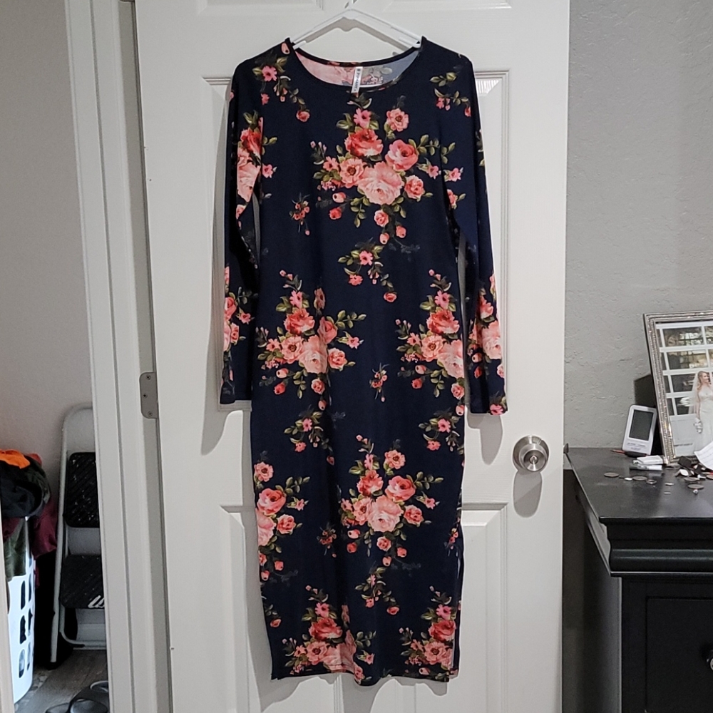 Navy Floral Long Sleeve Dress